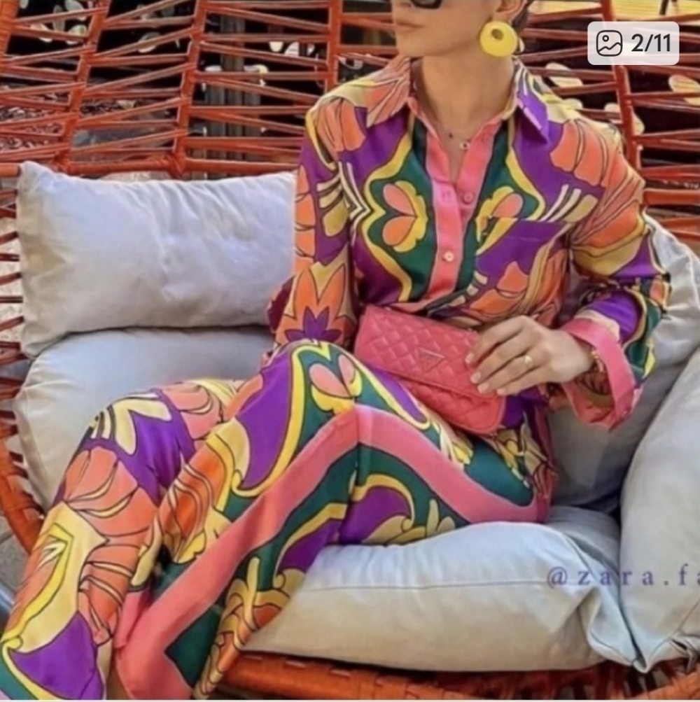 ZARA ✨BLOGGERS FAV Colorful Printed Satin Pajama Style Pant Size XS - Picture 2 of 15